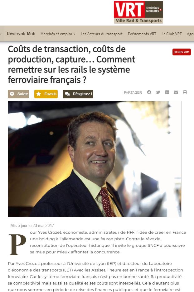 85 VRT Crozet Coûts de transaction, coûts de production, capture... Comment remettre sur les rails le système ferroviaire français