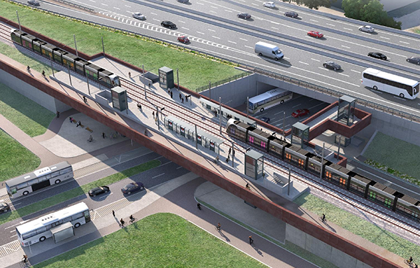 Projection d'une portion du tram rapide aux côtés du corridor multimodal. Crédit : Gouvernement du Grand-Duché de Luxembourg