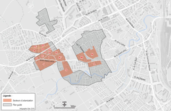 Légende : Périmètre du plan guide d’Onex et secteurs d'urbanisations