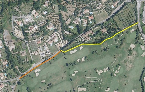Plan de situation du projet de voie verte du Golf d’Opio, section Ouest (orange) et section Est (jaune). Crédits : IGN/Citec