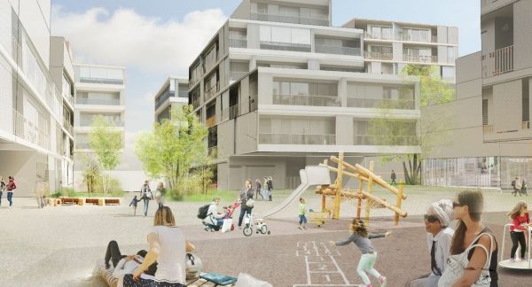 Placette au coeur du Rolliet, dans l'axe du tram