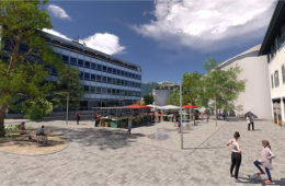 Projection de la Place du Marché d'Aigle. Crédits : groupement Crapaud fou - Pleineterre sàrl - Maren Kühn - Prona SA - Altermobil sàrl - Citec