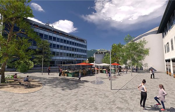 Projection de la Place du Marché d'Aigle. Crédits : groupement Crapaud fou - Pleineterre sàrl - Maren Kühn - Prona SA - Altermobil sàrl - Citec
