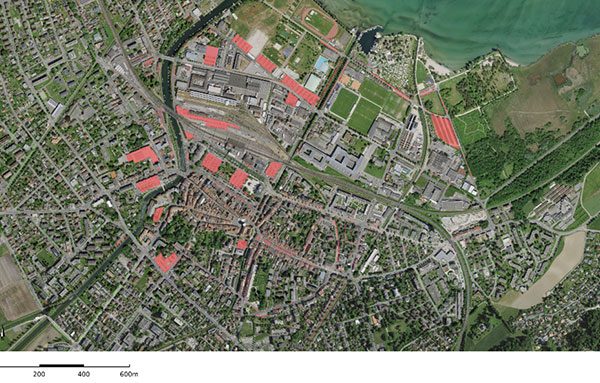 Parkings concernés par la gestion dynamique du stationnement, Yverdon-les-Bains. Crédit : géoportail mapnv.ch